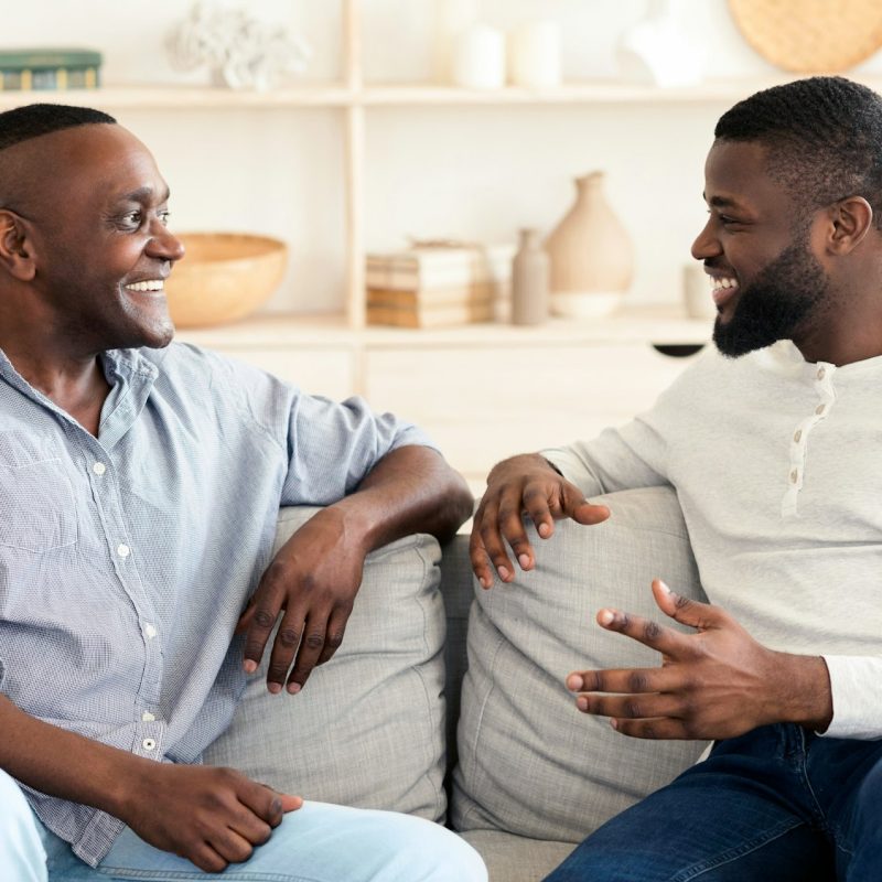 Adult Son And Senior Father Talking While Relaxing On Couch At Home